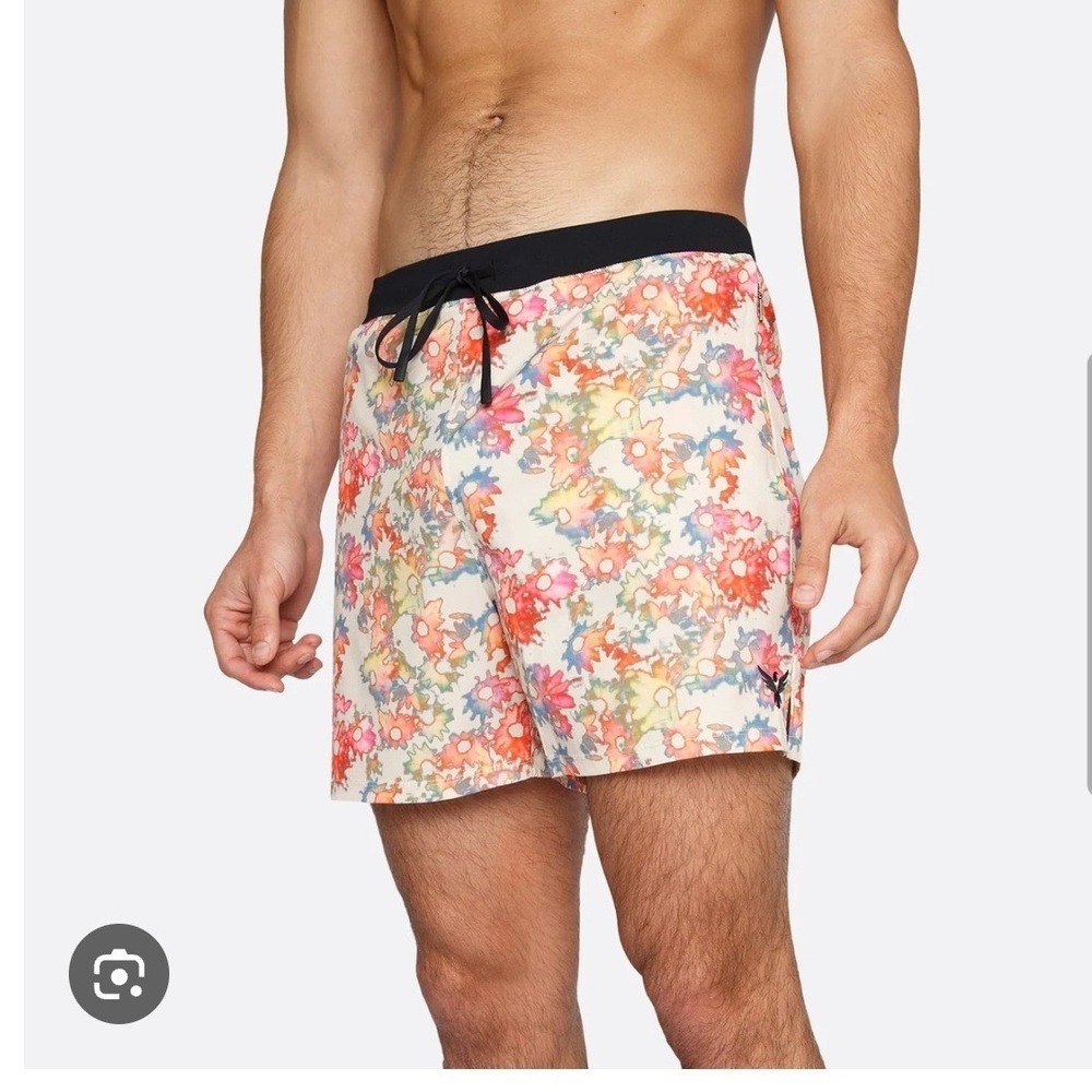 Yoga crow mens lined hot yoga shorts sand floral 5" inseam fitness gym